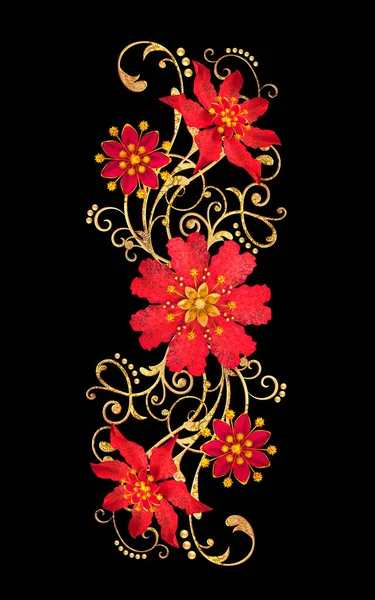 Vykreslování Zlatý Stylizované Květy Jemné Lesklé Kadeře Paisley Prvek Dekorační — Stock fotografie