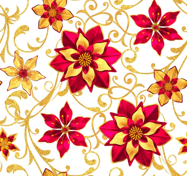 レンダリング シームレス パターン 黄金の質感カール オリエンタル スタイル アラベスク様式化された花 繊細な光沢のある渦巻き模様 ペイズリー要素 背景を照らす — ストック写真