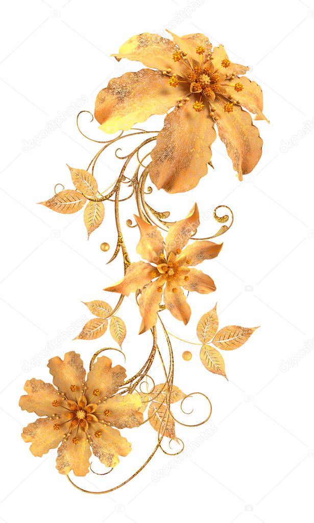 3d rendering. Golden stylized flowers, delicate shiny curls, paisley element. Decorative corner, pattern. Isolated on white background.