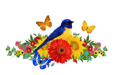 Memeler kuş parlak kırmızı gerbera çiçekleri, sarı gül, yeşil yaprakları, güzel kelebekler bir kolu üzerinde oturur. Beyaz arka plan üzerinde izole. Çiçek kompozisyon.