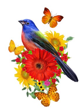Memeler kuş parlak kırmızı gerbera çiçekleri, sarı gül, yeşil yaprakları, güzel kelebekler bir kolu üzerinde oturur. Beyaz arka plan üzerinde izole. Çiçek kompozisyon.