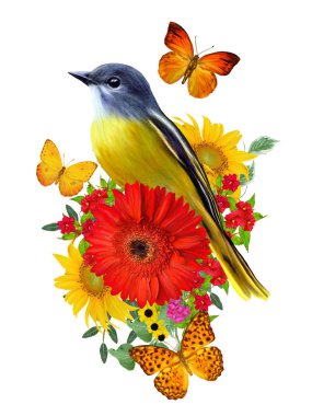 Memeler kuş parlak kırmızı gerbera çiçekleri, sarı gül, yeşil yaprakları, güzel kelebekler bir kolu üzerinde oturur. Beyaz arka plan üzerinde izole. Çiçek kompozisyon.