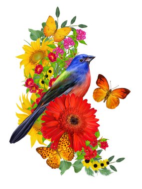 Memeler kuş parlak kırmızı gerbera çiçekleri, sarı gül, yeşil yaprakları, güzel kelebekler bir kolu üzerinde oturur. Beyaz arka plan üzerinde izole. Çiçek kompozisyon.