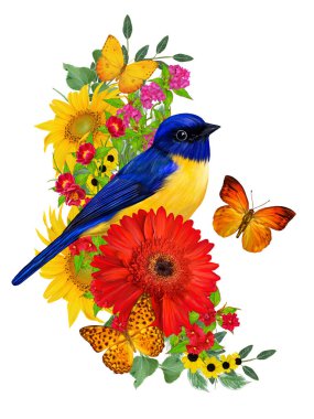 Memeler kuş parlak kırmızı gerbera çiçekleri, sarı gül, yeşil yaprakları, güzel kelebekler bir kolu üzerinde oturur. Beyaz arka plan üzerinde izole. Çiçek kompozisyon.