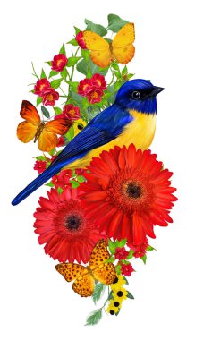 Memeler kuş parlak kırmızı gerbera çiçekleri, sarı gül, yeşil yaprakları, güzel kelebekler bir kolu üzerinde oturur. Beyaz arka plan üzerinde izole. Çiçek kompozisyon.