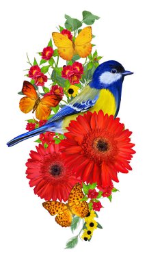 Memeler kuş parlak kırmızı gerbera çiçekleri, sarı gül, yeşil yaprakları, güzel kelebekler bir kolu üzerinde oturur. Beyaz arka plan üzerinde izole. Çiçek kompozisyon.