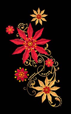 3D render. Altın stilize çiçekler, narin parlak bukleler, desenli öğesi. Dekoratif köşe, desen. Beyaz arka plan üzerinde izole.