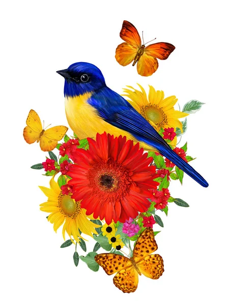 Memeler kuş parlak kırmızı gerbera çiçekleri, sarı gül, yeşil yaprakları, güzel kelebekler bir kolu üzerinde oturur. Beyaz arka plan üzerinde izole. Çiçek kompozisyon.