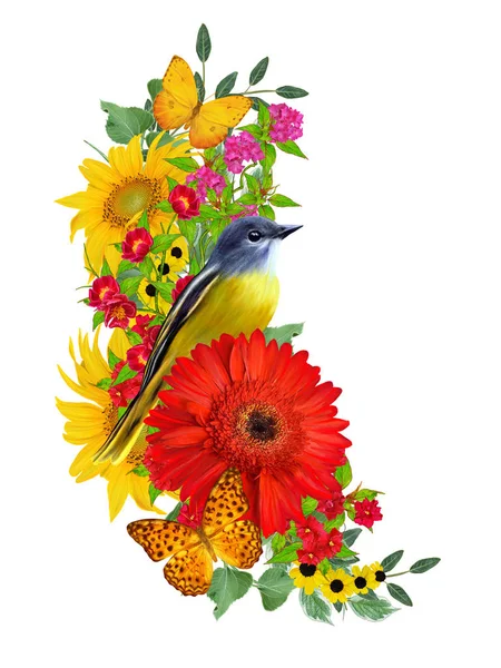 Tit Bird Sits Branch Bright Red Gerberas Flowers Yellow Roses — Stock Photo, Image