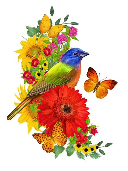 Memeler kuş parlak kırmızı gerbera çiçekleri, sarı gül, yeşil yaprakları, güzel kelebekler bir kolu üzerinde oturur. Beyaz arka plan üzerinde izole. Çiçek kompozisyon.