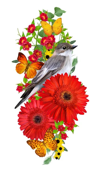 Tit Bird Sits Branch Bright Red Gerberas Flowers Yellow Roses — Φωτογραφία Αρχείου