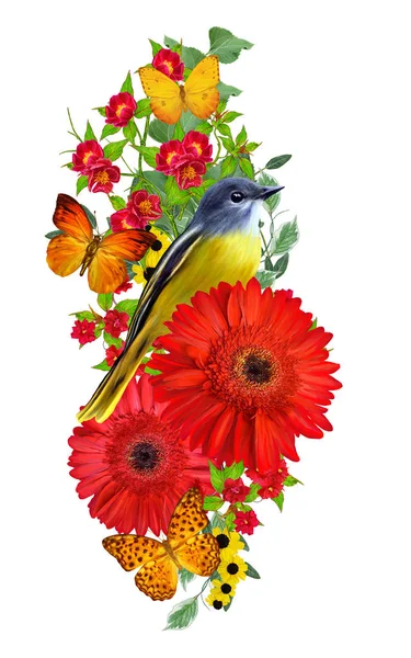 Tit Bird Sits Branch Bright Red Gerberas Flowers Yellow Roses — Zdjęcie stockowe