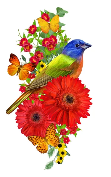 Tit Bird Sits Branch Bright Red Gerberas Flowers Yellow Roses — Zdjęcie stockowe