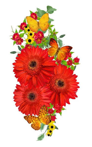 Composición Floral Ramo Gerberas Rojas Rosa Flores Brillantes Hojas Verdes — Foto de Stock