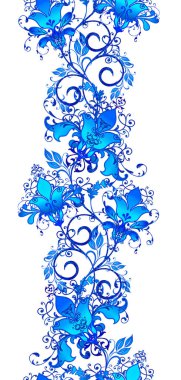 Sınır seamless modeli. Parlak dokusal mavi bukleler, stil çiçekler, desenli öğesi, ajur dokuma.