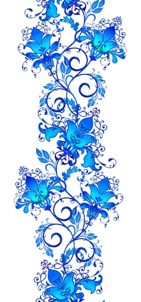 边框无缝模式 明亮的纹理蓝色卷发 造型花卉 佩斯利元素 镂空编织 — 图库照片