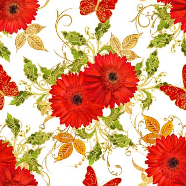 Seamless modeli. Altın dokulu bukleler. Parlak dantel, stilize çiçekler, Kırmızı gerbera. Narin, altın arka plan, dokuma ajur Paisley, kuyumcu 's kelebek.