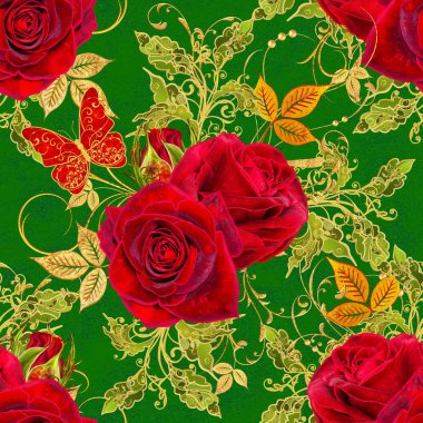 Seamless modeli. Altın dokulu bukleler. Parlak dantel, stilize çiçekler, kırmızı gül. Narin, altın arka plan, dokuma Ajur Paisley, kuyumcu 's kelebek.