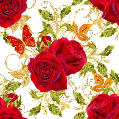 Seamless modeli. Altın dokulu bukleler. Parlak dantel, stilize çiçekler, kırmızı gül. Narin, altın arka plan, dokuma Ajur Paisley, kuyumcu 's kelebek.