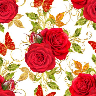 Seamless modeli. Altın dokulu bukleler. Parlak dantel, stilize çiçekler, kırmızı gül. Narin, altın arka plan, dokuma Ajur Paisley, kuyumcu 's kelebek.