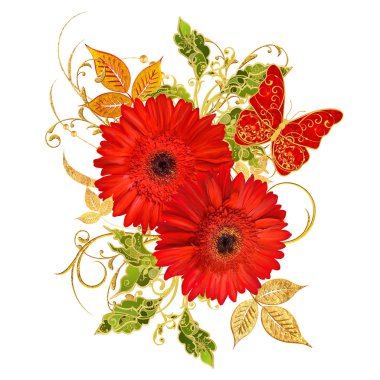 Dekoratif süs, desenli eleman, hassas dokulu yaprak güzel dantel ve inci yapılmış. Parlak bukleler, Kırmızı gerbera jeweled. Ajur hassas dokuma. Beyaz arka plan üzerinde izole.