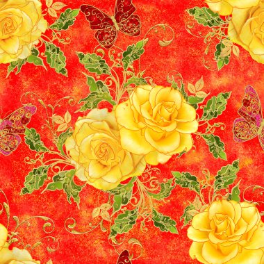 Seamless modeli. Dikey kenarlık. Altın dokulu bukleler. Parlak dantel, stilize çiçekler, Sarı gül. Narin, altın arka plan, dokuma Ajur Paisley, kuyumcu 's kelebek.