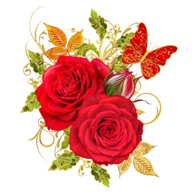 Dekoratif süs, desenli eleman, hassas dokulu yaprak güzel dantel ve inci yapılmış. Parlak bukleler, Kırmızı gerbera jeweled. Ajur hassas dokuma. Beyaz arka plan üzerinde izole.