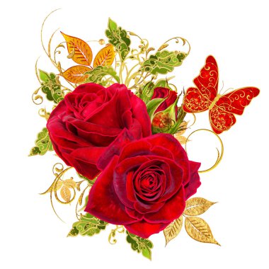 Dekoratif süs, desenli eleman, hassas dokulu yaprak güzel dantel ve inci yapılmış. Parlak bukleler, Kırmızı gerbera jeweled. Ajur hassas dokuma. Beyaz arka plan üzerinde izole.