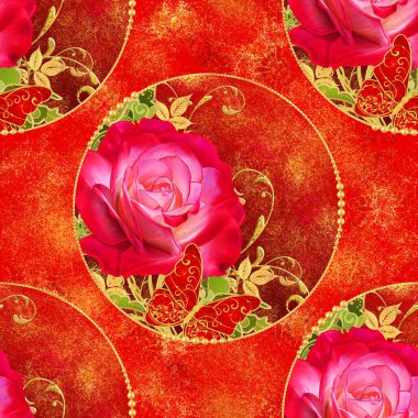 Seamless modeli. Altın bir daire, dokusal parlak bukleler, parlak gül çiçek desenli dekoratif elemanlar.