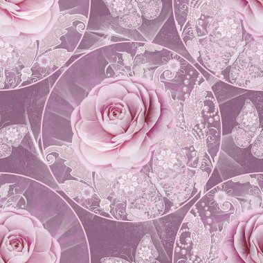 Seamless modeli. Dekoratif desenli elemanları, pembe gül çiçek tomurcukları, gümüş dokusal parlak bukleler, daireler, inci, boncuk.