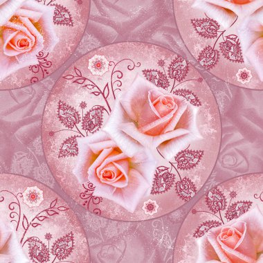 Seamless modeli. Dekoratif desenli elemanları, pembe gül çiçek tomurcukları, gümüş dokusal parlak bukleler, daireler, inci, boncuk.