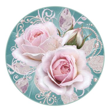 Dekoratif desen daire. Paisley öğesi, narin gümüş yaprakları yapılmış güzel dantel ve inciler dokulu. Mücevherli parlak bukleler, boncuklar, iş parçacığından pastel pembe gül dostum.