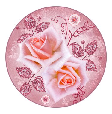 Dekoratif desen daire. Paisley öğesi, narin gümüş yaprakları yapılmış güzel dantel ve inciler dokulu. Mücevherli parlak bukleler, boncuklar, iş parçacığından pastel pembe gül dostum.