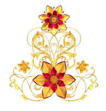 3D render. Altın stilize çiçekler, narin parlak bukleler, desenli öğesi. Dekoratif köşe, desen.