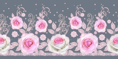 Seamless modeli. Dekoratif dekorasyon, desenli eleman, hassas dokulu yaprak güzel dantel ve inci yapılmış. Parlak bukleler, bud pastel pembe Gül jeweled. Hassas dokuma Ajur.