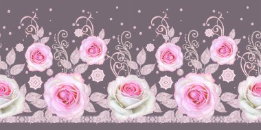 Seamless modeli. Dekoratif dekorasyon, desenli eleman, hassas dokulu yaprak güzel dantel ve inci yapılmış. Parlak bukleler, bud pastel pembe Gül jeweled. Hassas dokuma Ajur.