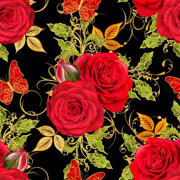 Seamless Pattern Golden Textured Curls Brilliant Lace Stylized Flowers Red — Stock Photo, Image