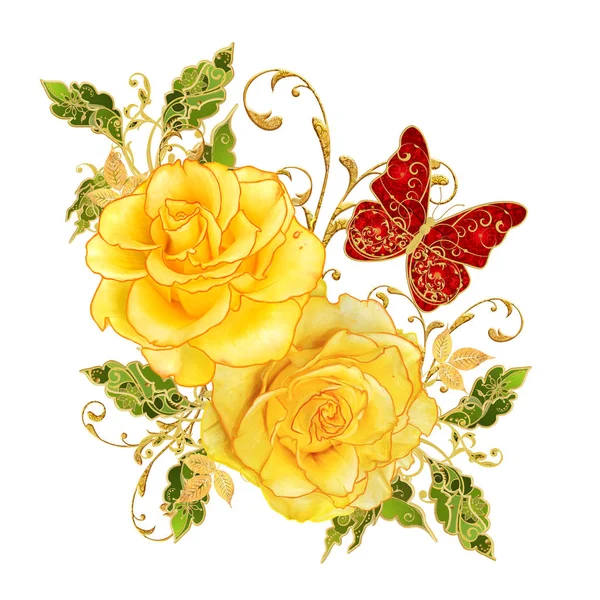 Golden Textured Curls Brilliant Lace Stylized Flowers Yellow Rose Openwork — Stock Photo, Image