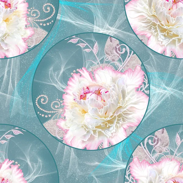Seamless pattern. Decorative paisley elements, pink rose flower buds, silver textural shiny curls, circles, pearls, beads.