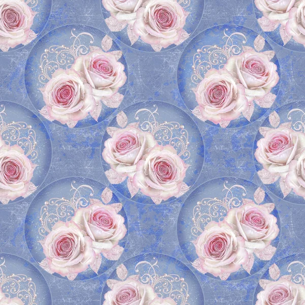 Seamless pattern. Decorative paisley elements, pink rose flower buds, silver textural shiny curls, circles, pearls, beads.