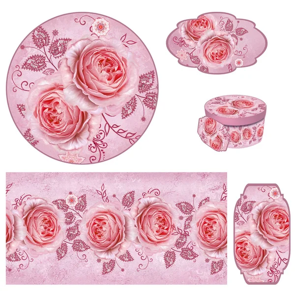 Set Packaging Box Label Decoupage Floral Background Border Pattern Garland — Stock Photo, Image