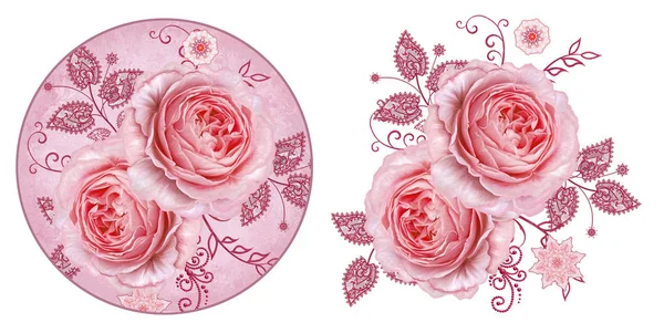 圆圈中的装饰图案 派斯利元素 精致的纹理银叶 由精美的花边和珍珠制成 宝石般的闪亮卷发 珠子的线 花蕾柔和的粉红色玫瑰 — 图库照片