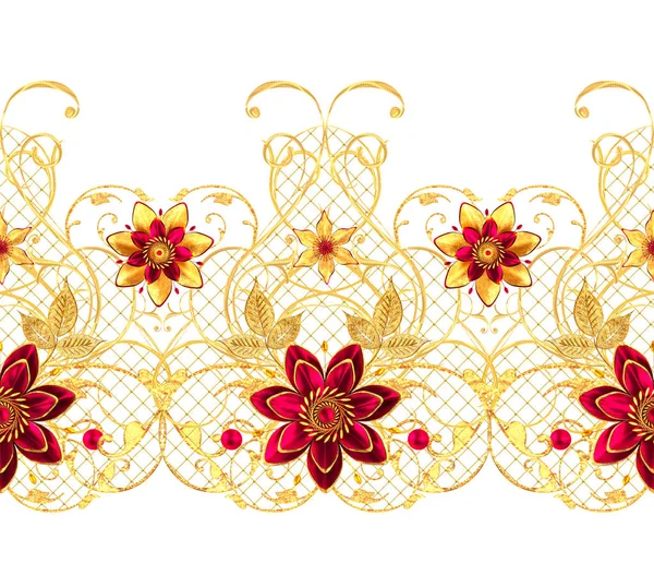 レンダリング シームレス パターン 黄金の質感カール オリエンタル スタイル アラベスク様式化された花 繊細な光沢のある渦巻き模様 ペイズリー要素 背景を照らす — ストック写真