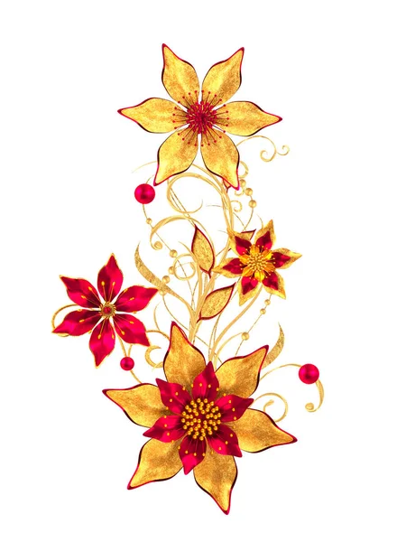 Renderização Flores Estilizadas Douradas Cachos Brilhantes Delicados Elemento Paisley Canto — Fotografia de Stock
