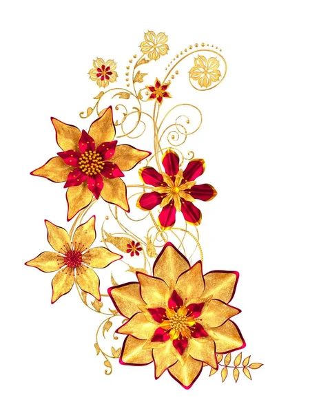 Render Altın Stilize Çiçekler Narin Parlak Bukleler Desenli Öğesi Dekoratif — Stok fotoğraf