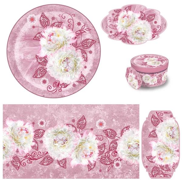 Set Packaging Box Label Decoupage Floral Background Border Pattern Garland — Stock Photo, Image