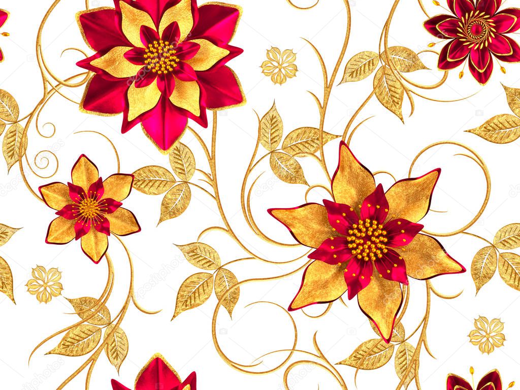 3d rendering. Seamless pattern. Golden textured curls. Oriental style arabesques, stylized flowers, delicate shiny swirl, paisley element, shining background.