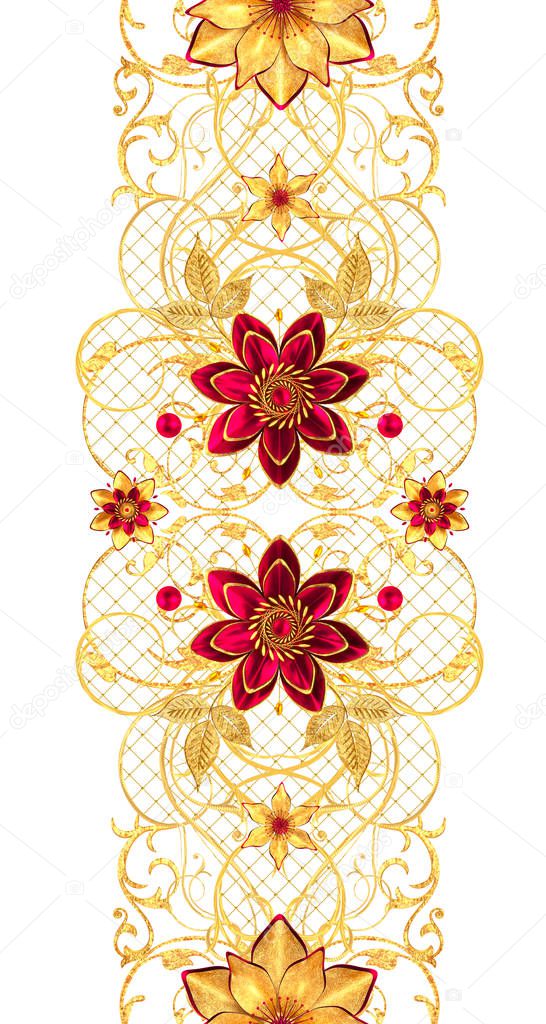 3d rendering. Seamless pattern. Golden textured curls. Oriental style arabesques, stylized flowers, delicate shiny swirl, paisley element, shining background.