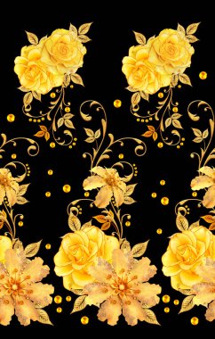 Seamless modeli. Altın dokulu bukleler. Parlak dantel, stilize çiçekler, sarı gül. Narin, altın arka plan dokuma ajur,