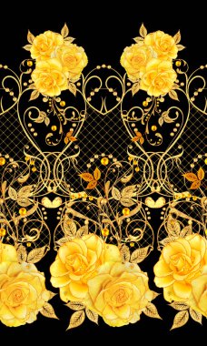 Seamless modeli. Altın dokulu bukleler. Parlak dantel, stilize çiçekler, sarı gül. Narin, altın arka plan dokuma ajur,